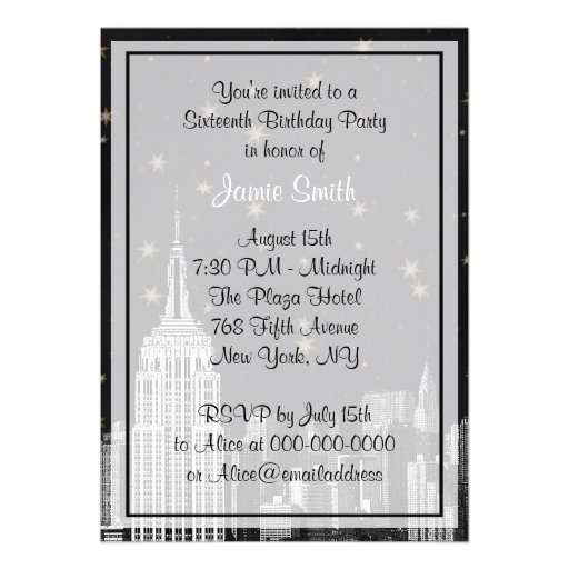 NYC ESB Skyline Etched Black Starry Sweet 16 V Personalized Announcements