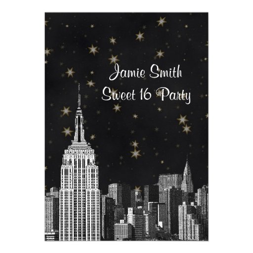NYC ESB Skyline Etched Black Starry Sweet 16 V Personalized Announcements