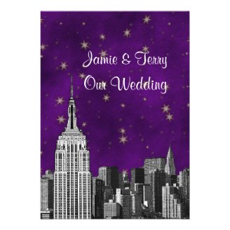 NYC ESB Skyline Etched Purple Starry Wedding Custom Invite