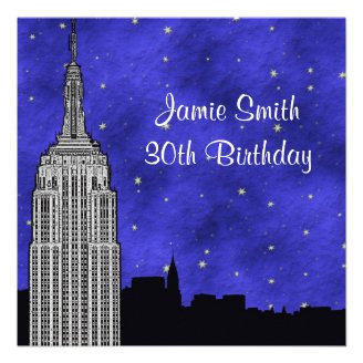 NYC ESB Skyline Silhouette Blue Starry BG Birthday Invites