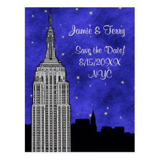 NYC ESB Skyline Silhouette Blue Starry Save Date Postcards