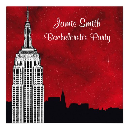 NYC ESB Skyline Silhouette Red Starry Bachelorette Personalized Invite