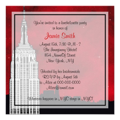 NYC ESB Skyline Silhouette Red Starry Bachelorette Personalized Invite