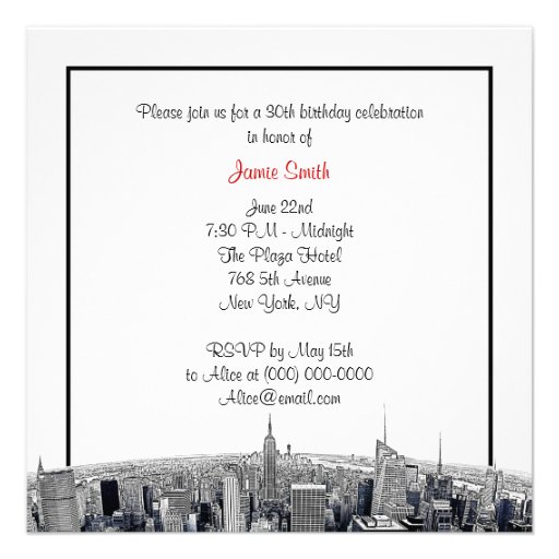 NYC Etched Fisheye Skyline BW Red Birthday SQ Custom Invite
