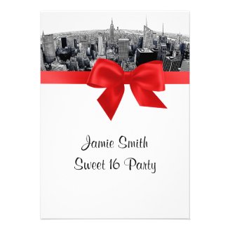 NYC Etched Fisheye Skyline BW Red Sweet 16 Invitation