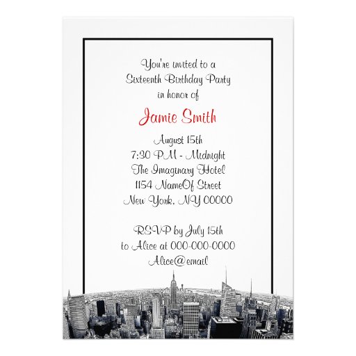 NYC Etched Fisheye Skyline BW Red Sweet 16 Invitation