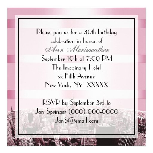NYC Etched Skyline 2 Pink Black Birthday Personalized Invite