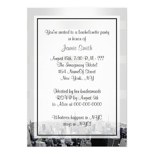 NYC Etched Skyline 2, White, Red Rbn Bachelorette Custom Invitations