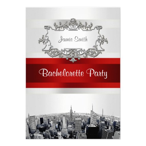 NYC Etched Skyline 2, White, Red Rbn Bachelorette Custom Invitations