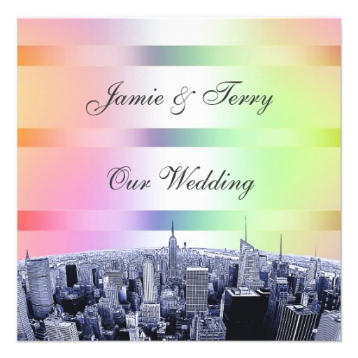 NYC Etched Skyline Pastel Rainbow 1 Wedding Personalized Announcement