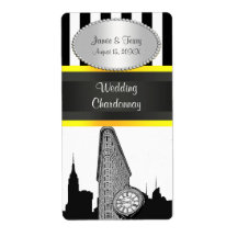 NYC Flt Etched Skyline BW Stripe Yel P Wine Label