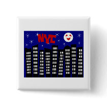 NYC Funky Skyline With Buildings, Moon & Stars Button