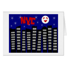 NYC Funky Skyline With Buildings, Moon & Stars Greeting Cards