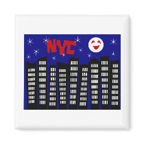 NYC Funky Skyline With Buildings, Moon & Stars Refrigerator Magnets