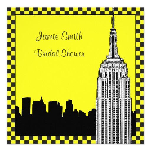 NYC Skyline2 Etched ESB Checkrd Taxi Bridal Shower Invitations