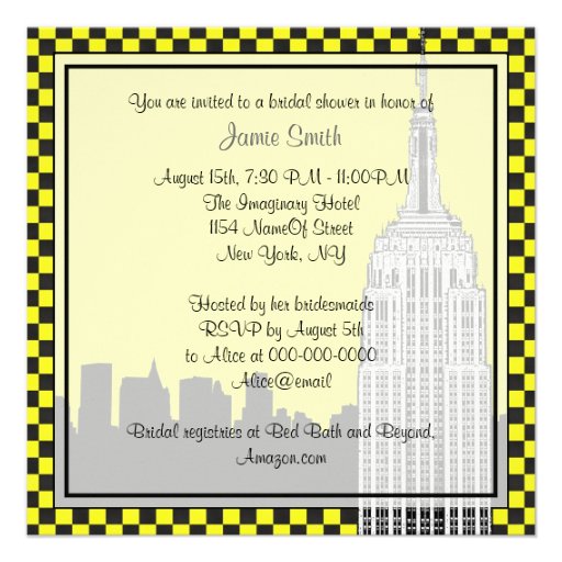 NYC Skyline2 Etched ESB Checkrd Taxi Bridal Shower Invitations