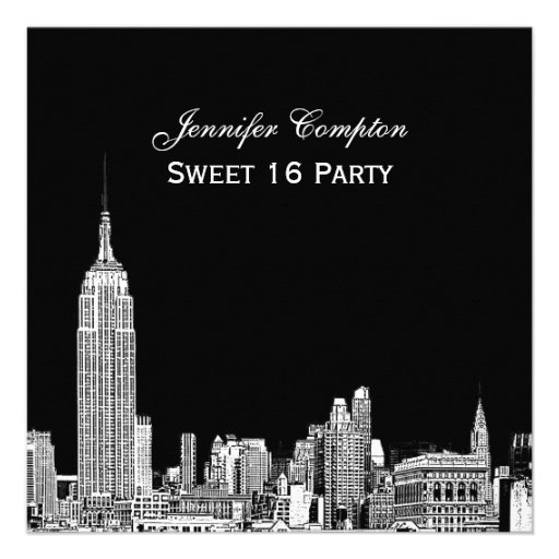 NYC Skyline 01 Etched DIY BG Color SQ Sweet 16 Custom Announcements