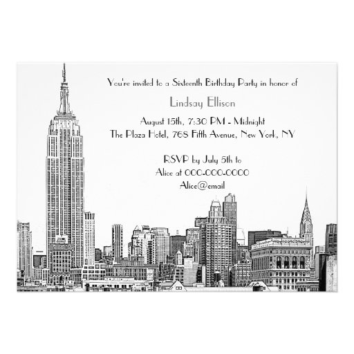 NYC Skyline 01 Etched Sweet 16 Party Invitation