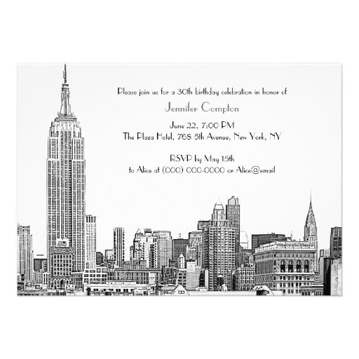 NYC Skyline 01 Etched Wht Birthday Party Custom Invites