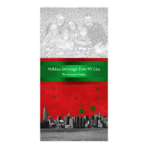 NYC Skyline #1 Red Sky Grn Stars, Your Photo Xmas Personalized Photo Card