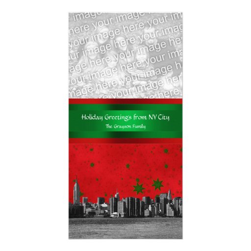 NYC Skyline #1 Red Sky Grn Stars, Your Photo Xmas Personalized Photo Card