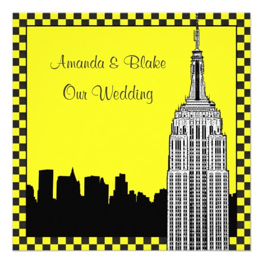 NYC Skyline 2 Etched ESB Checkered Taxi Wedding Personalized Invitation