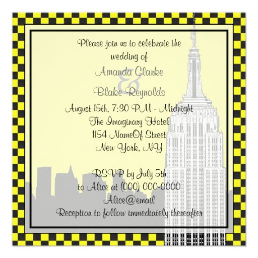 NYC Skyline 2 Etched ESB Checkered Taxi Wedding Personalized Invitation