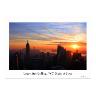 NYC skyline at sunset, Blue, Gold, Orange sky Print