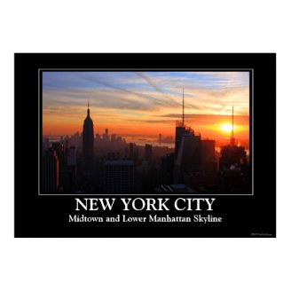 NYC skyline at sunset, Blue, Gold, Orange sky Print