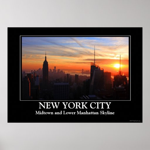 NYC skyline at sunset, Blue, Gold, Orange sky Print