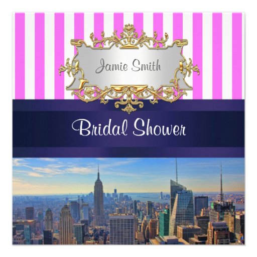 NYC Skyline B2 Pink White Stripe Bridal Shower Invites