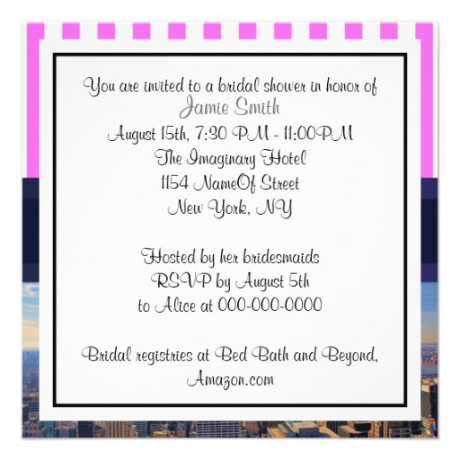 NYC Skyline B2 Pink White Stripe Bridal Shower Invites