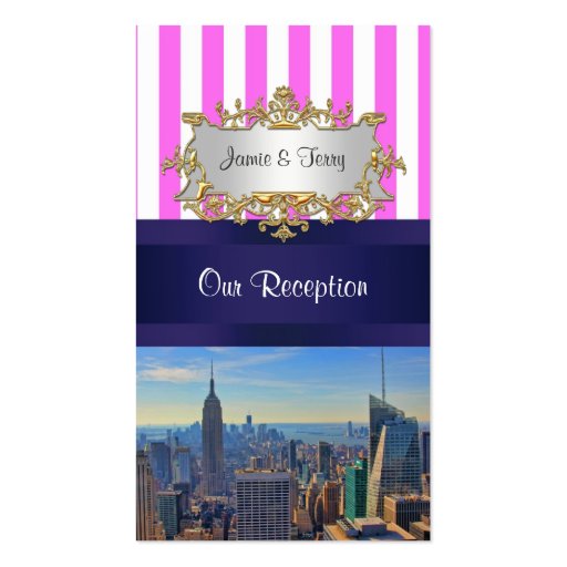 NYC Skyline B2 Pink White Stripe Escort Cards Business Cards (front side)