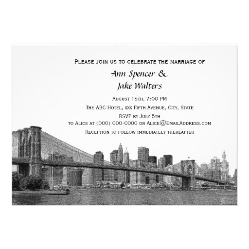 NYC Skyline Bklyn Bridge Etched #2H Wedding Card