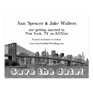 NYC Skyline Bklyn Bridge Etched Save the Date #2 Postcards