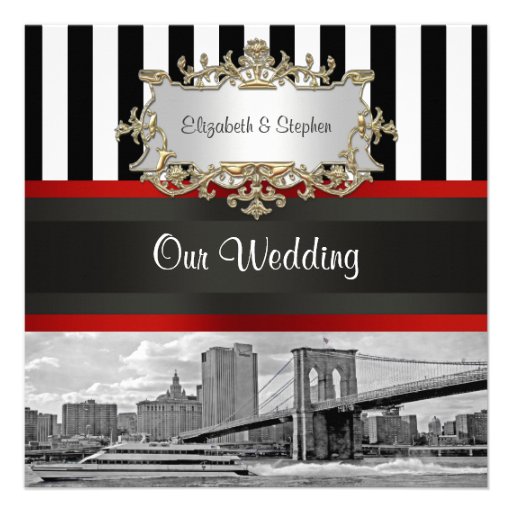 NYC Skyline Brooklyn Bridge Blk White Wedding Invitations
