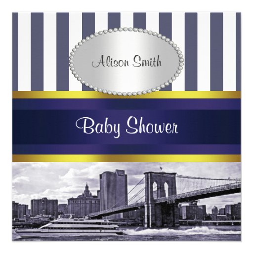 NYC Skyline Brooklyn Bridge Blue White Baby Shower Personalized Announcement