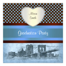 NYC Skyline Brooklyn Bridge Boat 4P Graduation Personalized Invitation