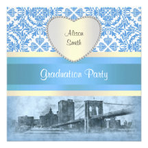 NYC Skyline Brooklyn Bridge Boat 6H Graduation Personalized Invite