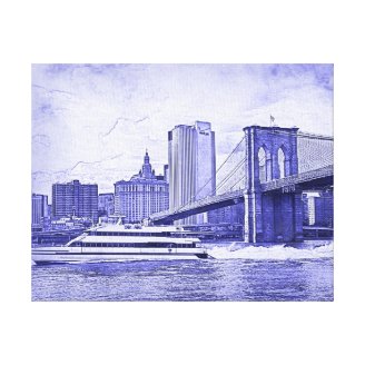 NYC Skyline Brooklyn Bridge Boat Etched Look #2 Gallery Wrapped Canvas