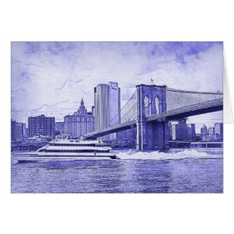 NYC Skyline Brooklyn Bridge Boat Etched Look #2 Greeting Cards