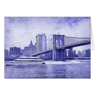 NYC Skyline Brooklyn Bridge Boat Etched Look #2 Cards