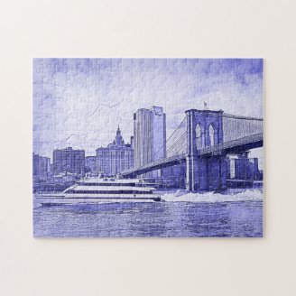 NYC Skyline Brooklyn Bridge Boat Etched Look #2 Puzzles