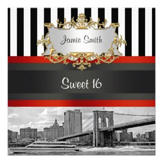 NYC Skyline Brooklyn Bridge, Boat Sweet 16 Invite