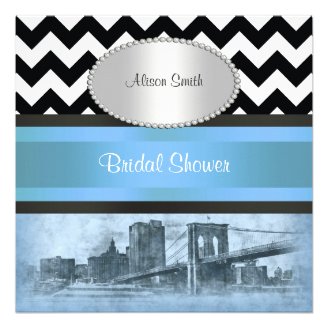 NYC Skyline Brooklyn Bridge BW Blu P Bridal Shower Personalized Invitations