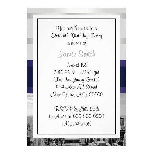 NYC Skyline BW 05 White Navy 2 Sweet 16 Invite