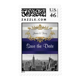 NYC Skyline BW 05 White Navy Blue Save the Date Postage