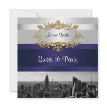 NYC Skyline BW 05 White Navy Blue Sweet 16 Invite