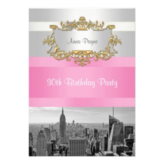 NYC Skyline BW 05 White, Pink Birthday Invite