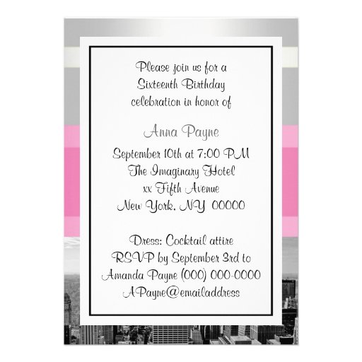 NYC Skyline BW 05 White, Pink Sweet 16 Party Custom Invitations